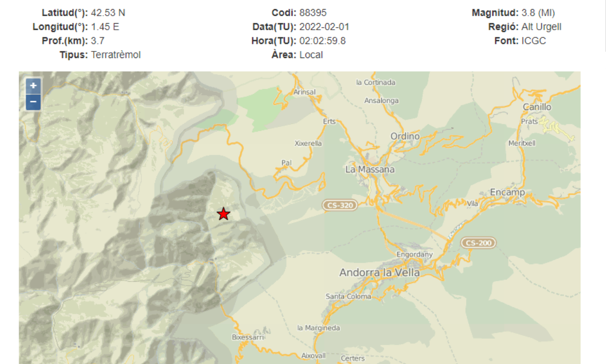Un terratrèmol de magnitud 3.8 a l’Alt Urgell es percep fortament a Andorra